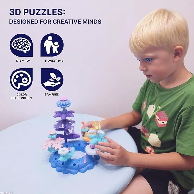 Marine Explorer STEM Building Set with 7 Sea Creatures - 76 Piece Coral Reef Blocks for Preschool Learning, Includes Crab, Turtle & Pufferfish（Ocean-World-L2）