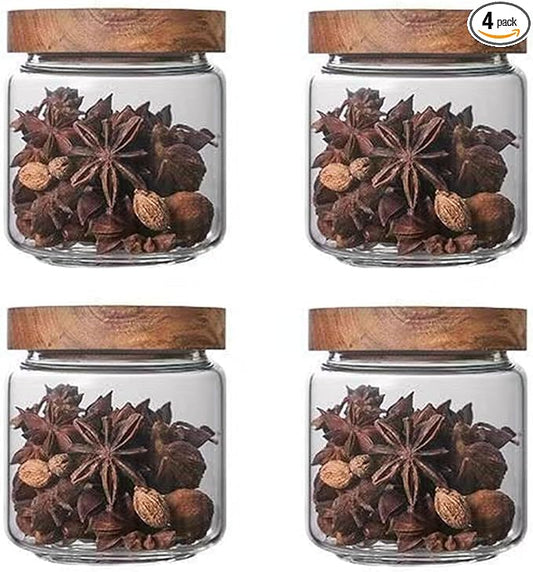 Glass jar candy Containers - 16oz kitchen Glass Airtight Storage jar With Acacia Airtight Lid，for kitchen Seasoning, coffee bean, tea, suger, herbs (4)