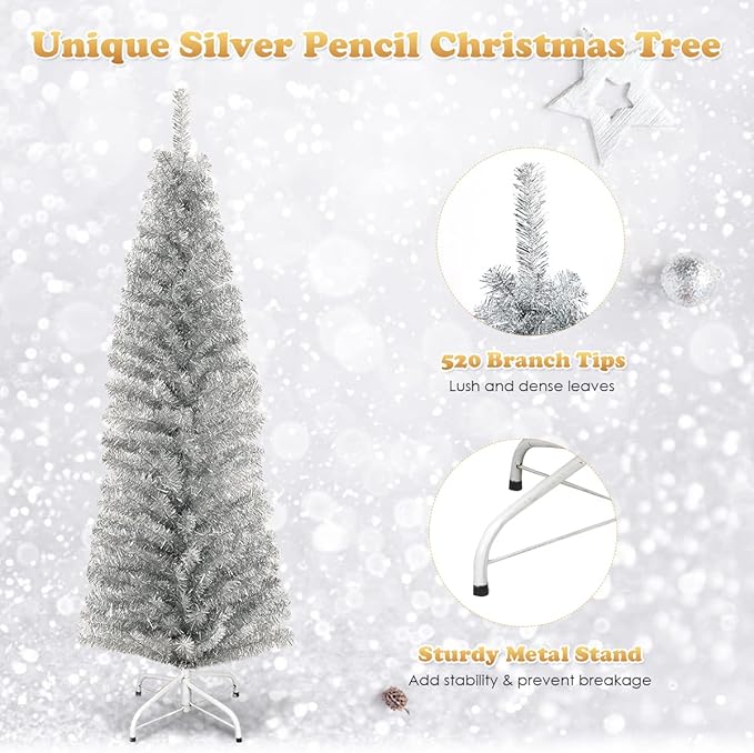 HAPPYGRILL 6 Feet Sliver Pencil Christmas Tree Artificial Slim Christmas Tree Skinny Xmas Tree with Metal Stand, Realistic Unlit Pine Tree with 520 Branch Tips for Indoor Outdoor