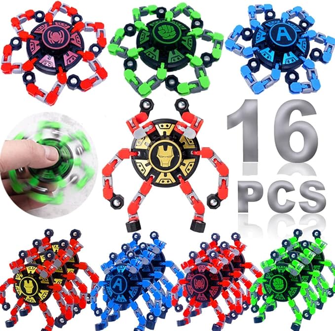 16Pack Fingertip Gyro Toy Mechanical Top DIY Deformation Robot Metal Transformable Spinners Funny Finger Chain Fidget Stress Relief ADD ADHD Astium for Kid Adults