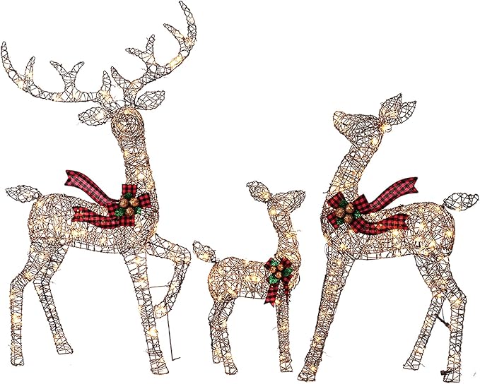 3-Piece 3D Christmas Deer Family Set, Lighted Christmas Decoration with 225 LED Lights, Christmas Decor Reindeer for Indoor Outdoor Yard Porch, Rattan