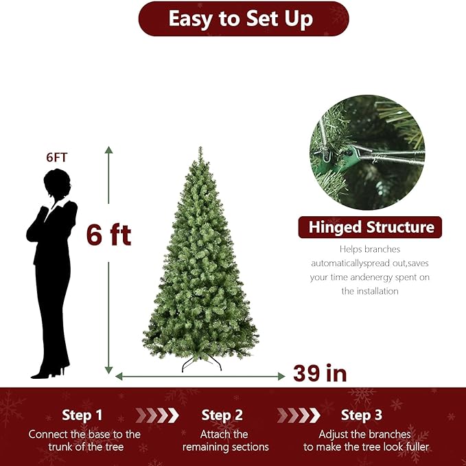 6ft Unlit Christmas Tree with 760 Steel Branch Tip,Premium Full Hinged Spruce Christmas Tree with Foldable Base, Artificial Xmas Tree for Easy Holiday Setup