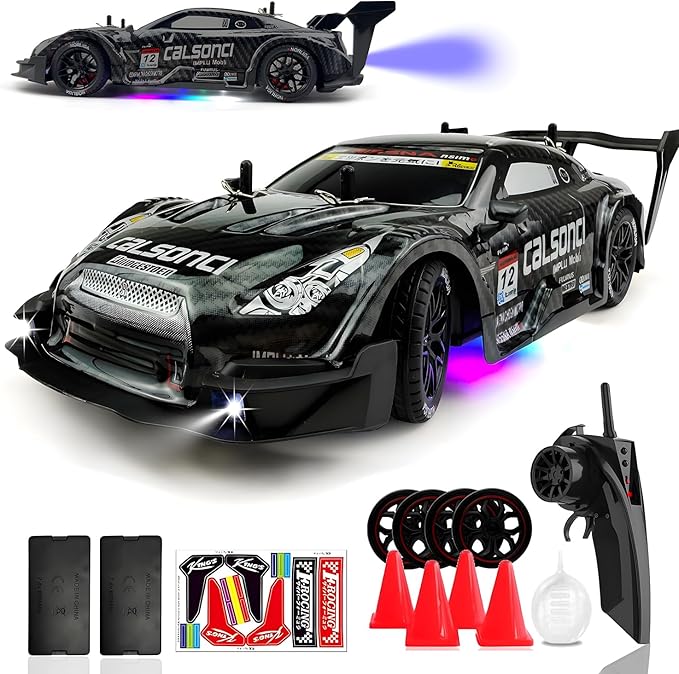 1:16 RC Drift Car 2.4GHz Spray 4WD LED Lights 30+KM/H High Speed Remote Control Car 2 Batteries 60Min Infinitely Variable Speed Drift Car Toys for Adults and Kids (Black 1:16)