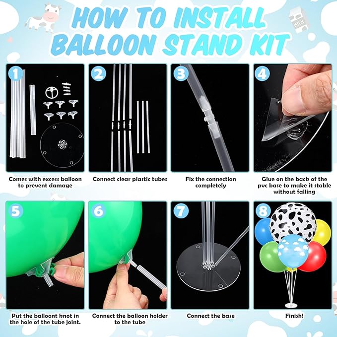 2 Sets Cartoon Birthday Party Decorations Table Centerpiece Red Yellow Blue Balloon Stand Kit with Cloud Cow Print Foil and Latex Balloon for Baby Shower Farm Animals Wedding Supplies