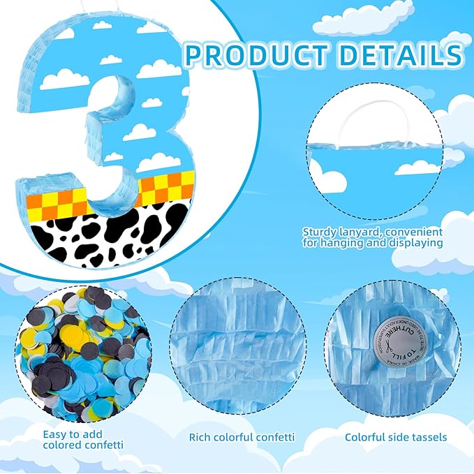 16 Inch Number 3 White Cloud Pinata with 16 Inch Piñata Stick Blindfold Confetti for Boy Girl Kids 3rd Birthday Party Decorations(3rd)