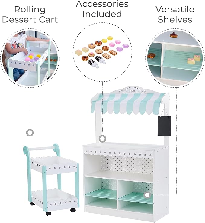 Teamson Kids My Dream Bakery Shop Dessert Stand and Rolling Pastry Cart Interactive Wooden Play Set with 18 Pretend Baked Goods, White and Mint Green with Gray Polka Dot Accents