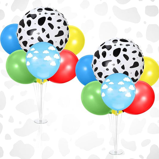 2 Sets Cartoon Birthday Party Decorations Table Centerpiece Red Yellow Blue Balloon Stand Kit with Cloud Cow Print Foil and Latex Balloon for Baby Shower Farm Animals Wedding Supplies
