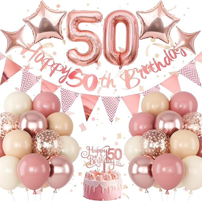 50th Birthday Decorations for Women, Retro Pink Beige Number 50 Balloon Set Happy 50th Birthday Banner Cake Topper Dusty Pink Beige Rosegold Star Balloons for Her 50 Year Old Bday Party Decor
