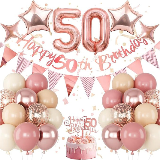 50th Birthday Decorations for Women, Retro Pink Beige Number 50 Balloon Set Happy 50th Birthday Banner Cake Topper Dusty Pink Beige Rosegold Star Balloons for Her 50 Year Old Bday Party Decor