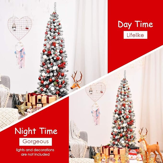 Happygrill 6FT Snow Flocked Pencil Christmas Tree Slim Artificial Xmas Tree Skinny Fake Tree for Indoor Outdoor Festival Decoration