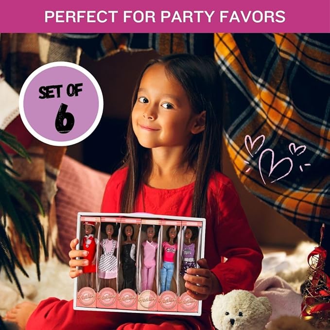 6 Set of African American Black Toy Dolls - 11.5" Premium Fashion Style Diversity Role Play Dolls, Bundle Variety Pack for Kids, Girls Party Favors