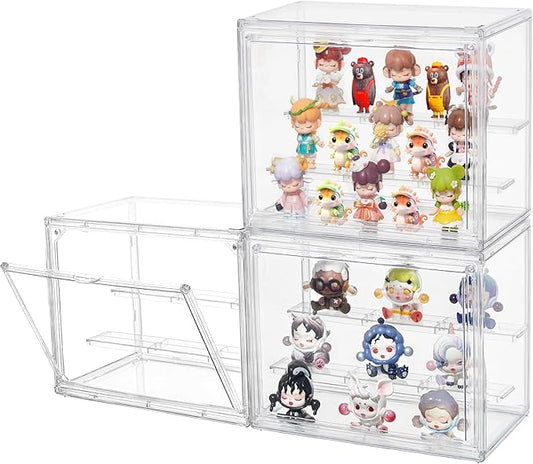 3 Pack Acrylic Display Case,3 Layer Clear Display Case Adjustable Display Box Stand with 2 Movable Dividers Small Showcase Magnetic Door for Mini Figures,Collections