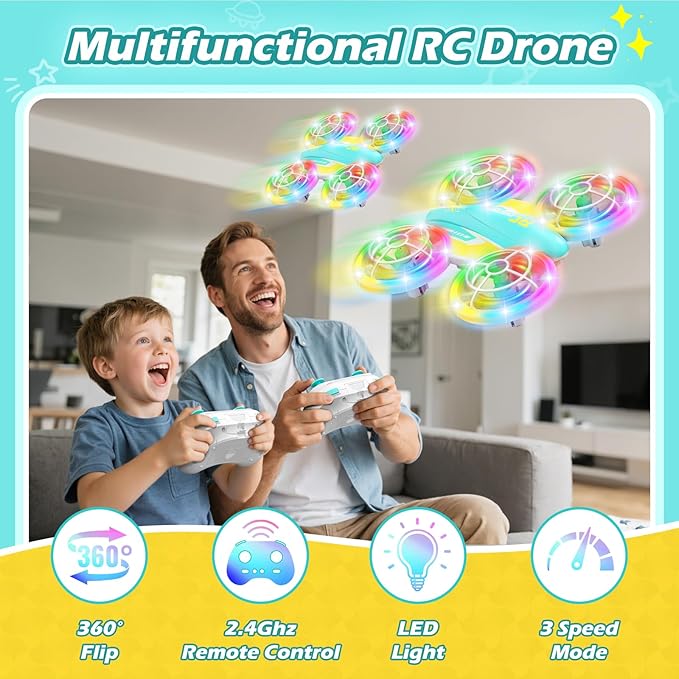 LED RC Drone for Kids 6+, Christmas Birthday Gift for Boys & Girls with Remote Batteries, 360° Flips, 3 Speed Modes, 45 Min Flight Indoor and Outdoor Flying Toy - Blue Yellow