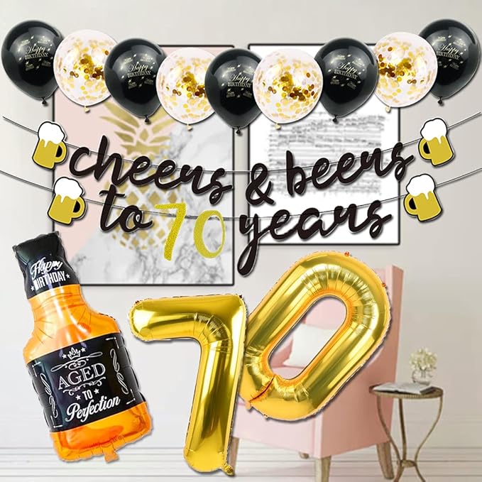 70th Birthday Decorations for Men, 70 Years Birthday Decorations with 40 Inch Gold Number Balloons, Banner, 70 Sign Latex Balloon, Fringe Curtains and Cups Foil Balloons