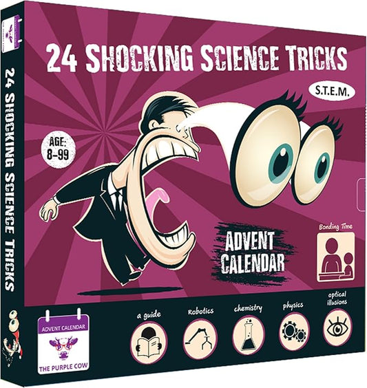 NEW 2025 Advent Calendar SHOCKING SCIENCE by The Purple Cow. 24 Jaw-dropping Science Tricks for Kids aged 8 and above. The perfect S.T.E.M gift!
