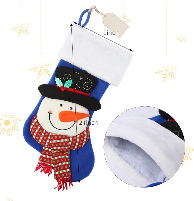 Christmas Stocking,21 inch Christmas Stockings with Wood Name Tag,3D Snowman Christmas Stocking,for Family Holidays and Christmas Tree Fireplace Decoration(Blue)