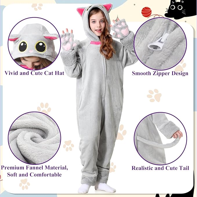 Resiwai Cat Costume for Girls and Boys, Animal Onesie Costumes with Bag and Cat Paws, Halloween Kitty Costume for Kids