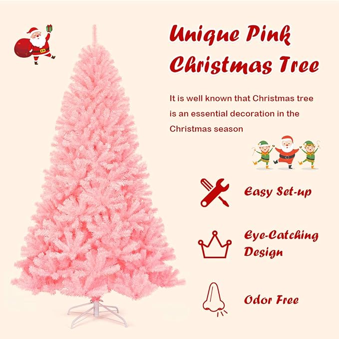 GOFLAME 7.5 ft Pink Artificial Christmas Tree, Hinged Spruce Full Tree w/Foldable Metal Stand, Cherry Blossom Color, 1036 Tips Christmas Tree for Home Office Party Decoration, Easy Assembly