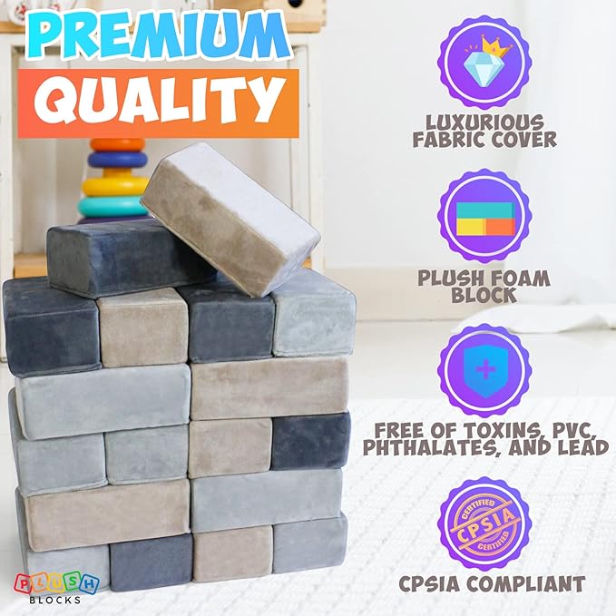 The Original Premium Plush Building Block for Kids - Certified Safe Foam Blocks in Luxuriously Soft Fabric Covers - Set of 24 (Castle Rock)