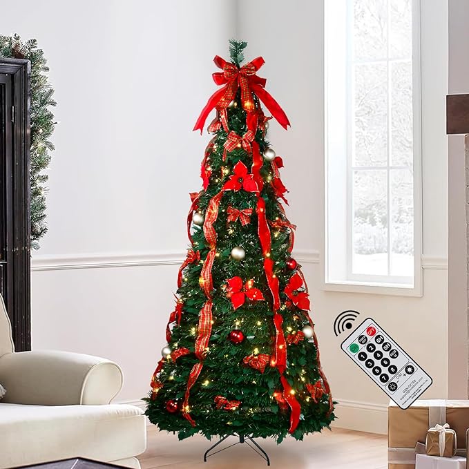 6FT Pop Up Christmas Tree with Prelit Lights and Decorations & Remote & Timer, Pull Up Artificial with Christmas Ball Ornaments Bows Ribbons for Xmas Party Decor