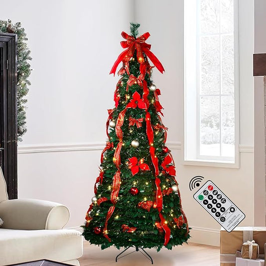 6FT Pop Up Christmas Tree with Prelit Lights and Decorations & Remote & Timer, Pull Up Artificial with Christmas Ball Ornaments Bows Ribbons for Xmas Party Decor