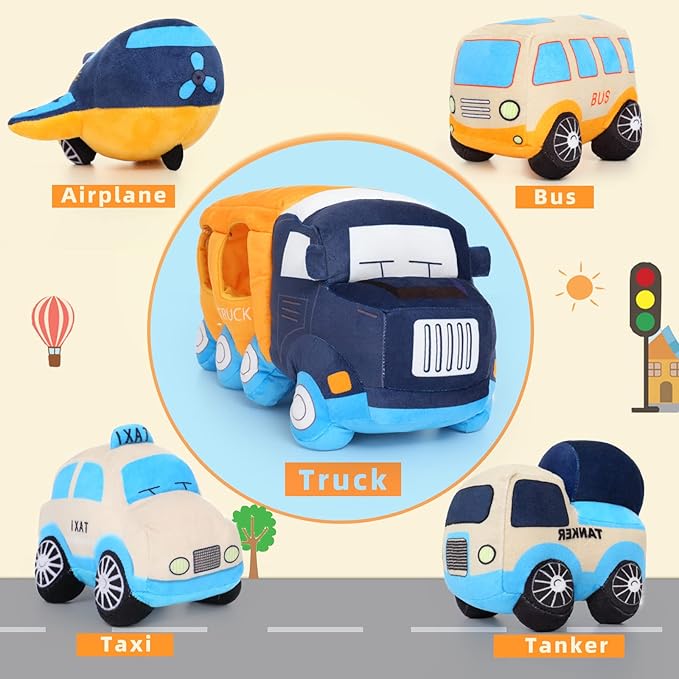 Muiteiur Big Car Stuffed Plush Toy, Soft Truck Toy Set with 4 Stuffed Baby Vehicles Toys Include Taxi Bus Airplane Tanker, Cute Cartoon Plush Gift for Kids Babies (15.7inch)