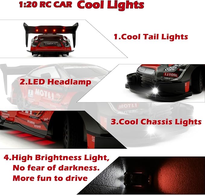 1:20 RC Drift Car 2.4GHz 4WD High Speed Drift Remote Control Cars Vehicle with LED Lights and Drifting Tires Batteries x2 Racing Sport Toy Cars for Adults Boys Girls Kids (Red)