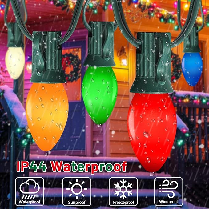 100Ft C7 LED Christmas String Lights Outdoor, Multicolor Christmas Decorations Lights with 100+5 Colored C7 LED Bulbs, Vintage Decor Light for Xmas Tree Home Yard Party Decor, E12 Base, Green Wire