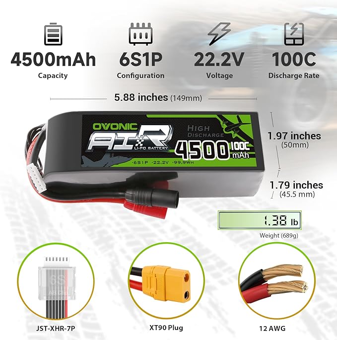 OVONIC 22.2V 100C 4500mAh 6S Lipo Battery with AS150-XT90 Plug for RC Car Boat Truck Helicopter Airplane Racing Models [Notice: XT90 Plug Conversion Cable to Be Purchased Separately]