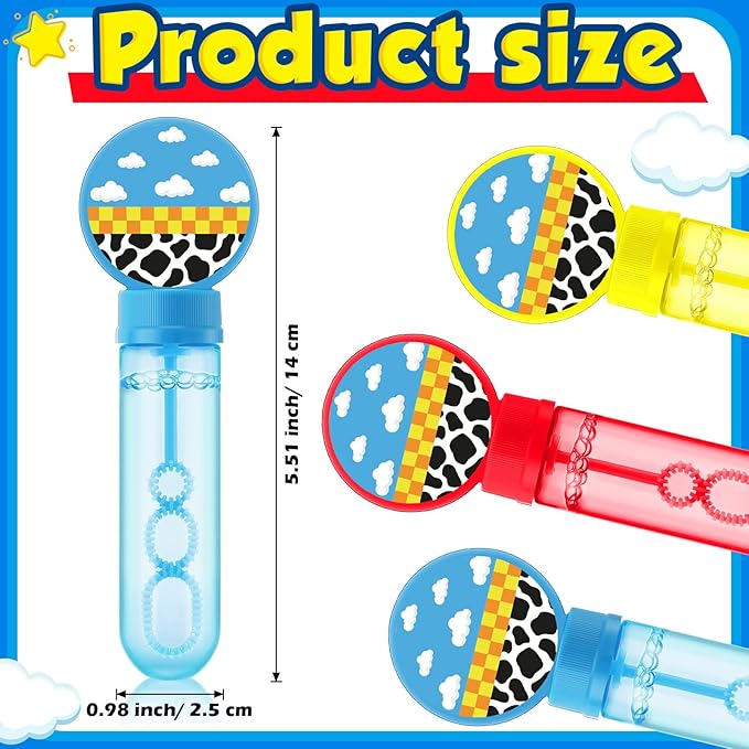 24 Pcs Cartoon Toy Bubble Wands Blue Sky White Clouds and Cow Print Mini Bubble Party Favor for Kids Toddlers Christmas Birthday Goody Bag Stuffer Filler Classroom Reward Gifts(Red, Yellow, Blue)