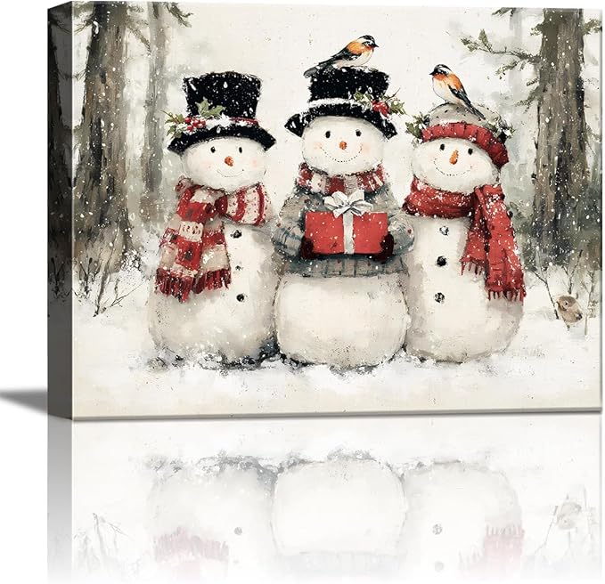 AbcCustomize Vintage Christmas Canvas Wall Art - Rustic Snowman Family Canvas Prints for Living Room Bedroom Home, Festive Winter Decor with Wooden Frame, Ideal Christmas Gifts & Holiday Decorations