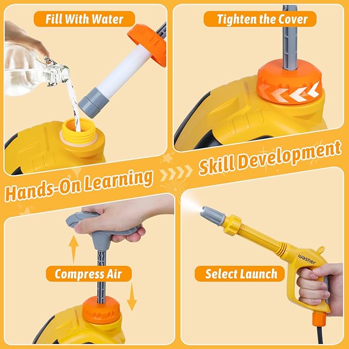 Kids Clean Car Wash Toy - Kids Power Washer with Scraper Sponge Towel, Manual Pressure, Adjustable Water Gun Spray, Pretend Play Tools Role Playing Cleaning Toys Gift for Toddler Boys Girls Ages 3+