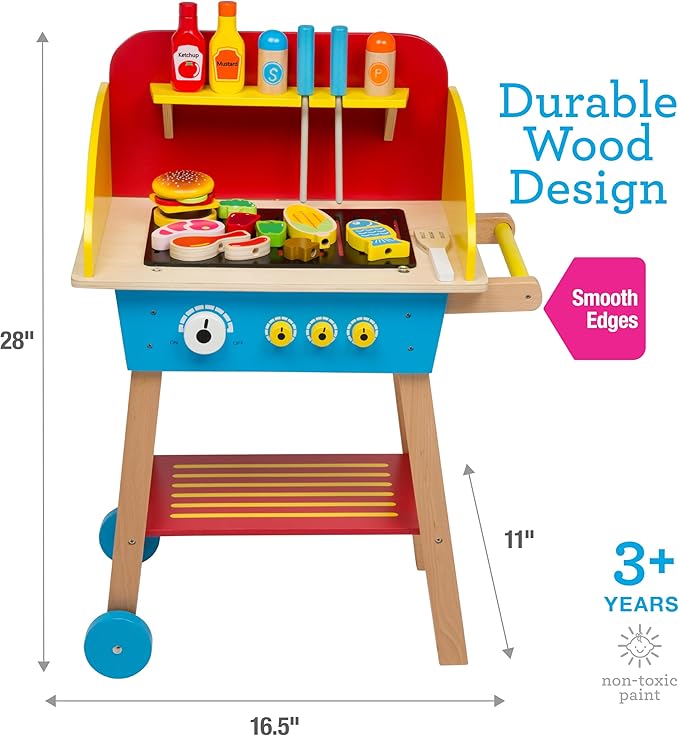 Cook 'N Grill Wooden BBQ Playset- Kids Pretend Play Wood Toy Barbeque w Food, Condiments & Grilling Tools- 30+ Pieces In All - Fun Indoor Outdoor Activity Set for Playrooms, Daycare Centers, Xmas Gift