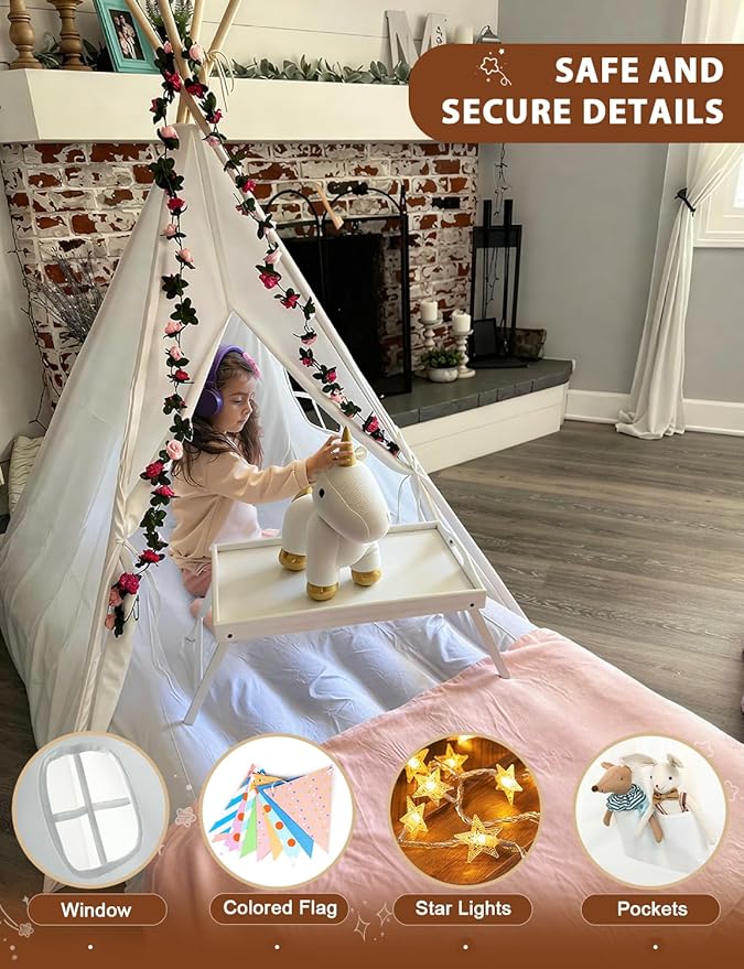 2 Pack Teepee Tent for Kids with Inflatable Airbed, Light, Indoor Toddler Sleepover Tents Children Room Tents for Slumber Party, Outdoor Kids Play Tent Play House for Girls & Boys