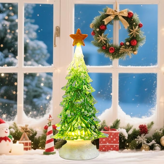 Acrylic Christmas Tree Table Decor, 12" Lighted up Christmas Tree Figurine, Battery Operated Home Decorations Gift for Indoor Holiday Party Mantel Fireplace Centerpiece Decor, Green