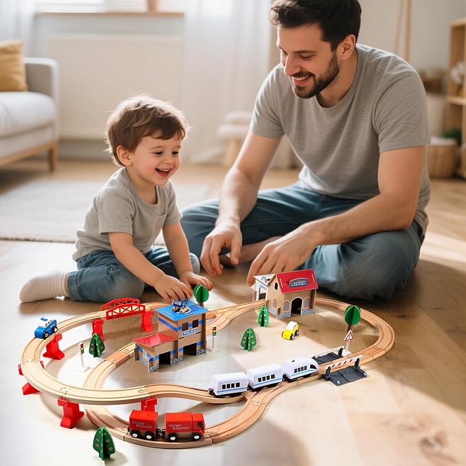 Electric Toddler Wooden Train Set Toy, 88 PCS Train Track Toys for 3 4 5 Years Old Kids, Boys and Girls