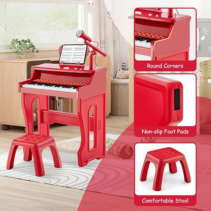 HONEY JOY Kids Piano, 37-Key Red Kids Keyboard Piano w/ Music Stand & Bench, Gift for Babies w/ Microphone, Portable Electronic Educational Musical Instrument, Toddler Piano for Girls Boys