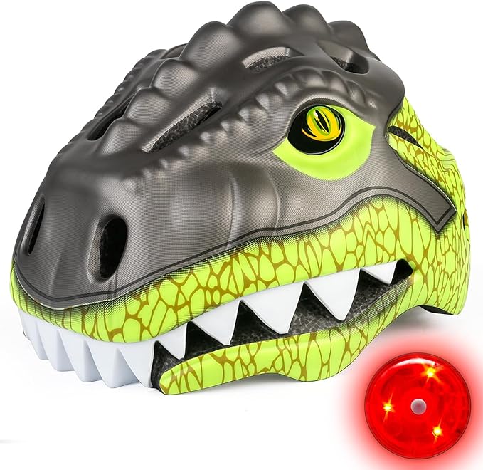 KINGBIKE Toddler Helmet 2-3-5-8 Years Kids Balance Bike Helmets Size Adjustable 3D Dinosaur with Led Light for Skateboard Scooter Cycling Skaterolling