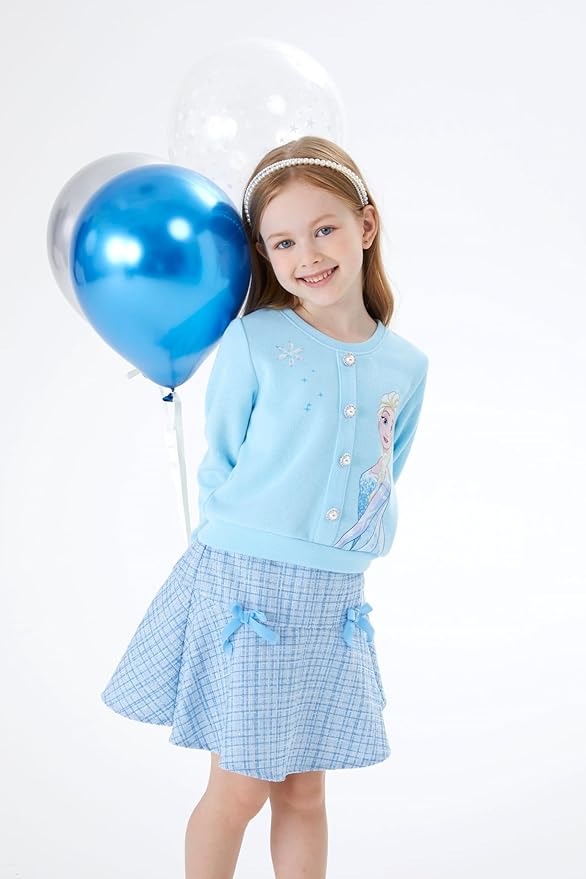 Disney Frozen Elsa Stitch Princess Moana Minnie Toddler Girl 2 Piece Outfit Kid Pearl Button Knit Top & Tweed Skirt Set 2-13Y