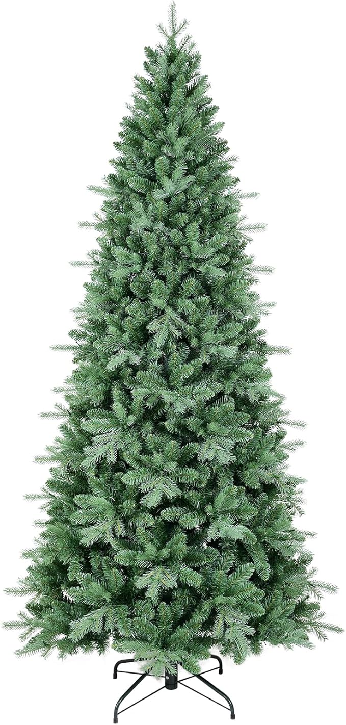 9 FT Artificial Skinny Christmas Tree,Unlit Blue Spruce Slim Pencil Xmas Tree with 2545 PE&PVC Mixed Branch Tips,Hinged Pine Tree with Metal Stand for Home Office Décor