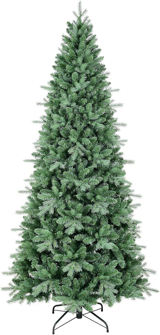 9 FT Artificial Skinny Christmas Tree,Unlit Blue Spruce Slim Pencil Xmas Tree with 2545 PE&PVC Mixed Branch Tips,Hinged Pine Tree with Metal Stand for Home Office Décor