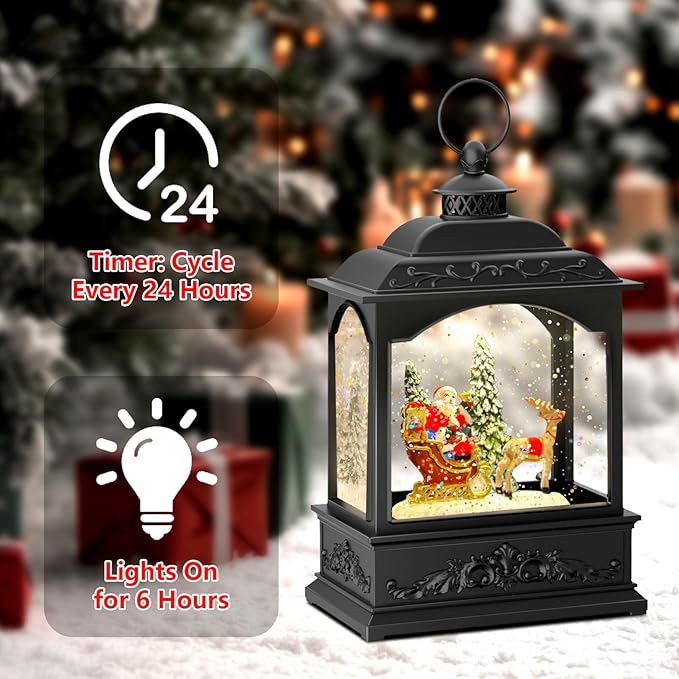 Musical Christmas Snow Globe Lantern with Santa Sleigh & Reindeer, Swirling Glitter Lighted Water Lantern, 6H Timer, USB or Battery Powered Holiday Decor