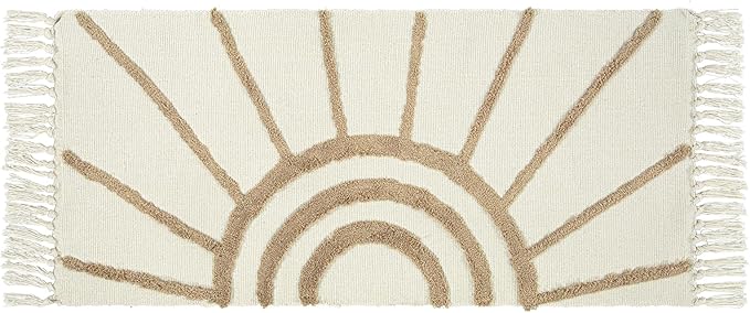 Ojia Boho Bathroom Runner - 2'X4.3', Handwoven Washable Tan Kitchen Rug with Tassels, Bohemian Cotton Accent Throw for Entryway/Floor Carpet