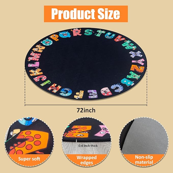 ABC Alphabet Rug for Kids,Classroom Playmat 6ft Non-Slip Circle Rugs for playroom, Round Area Rug for Elementary Classroom, Play Carpet for Boys Girls Bedrooms Playroom,Nursery Rugs-Black