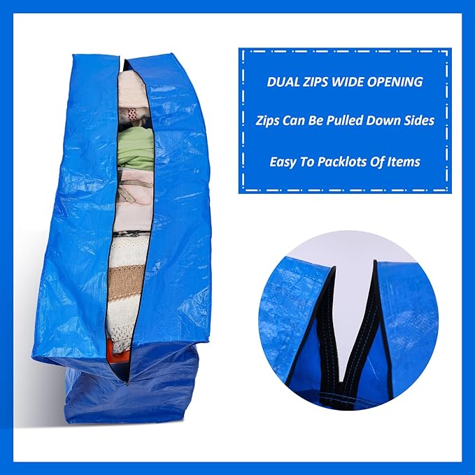 Windyun 4 Pack 121 Gallon Extra Large Storage Bags XXL Moving Bags with Zipper Handles Heavy Duty Jumbo Big Totes Box for Halloween Skeleton 4-12 Feet Christmas Tree Storage College Dorm Cloth (Blue)