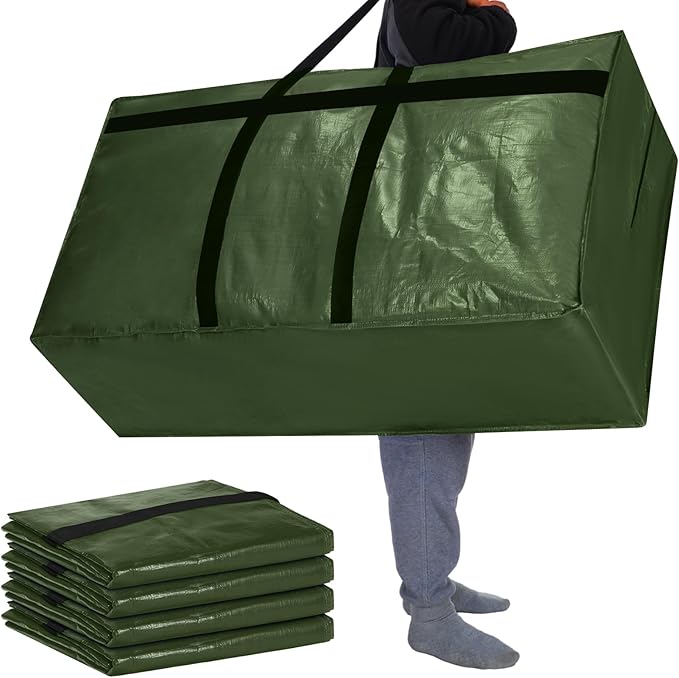 Windyun 4 Pack 57 Gallon Extra Large Storage Bag XXL Moving Bag with Zipper Handle Heavy Duty Jumbo Big Tote Box for Halloween Skeleton 4-12 Feet Christmas Tree Storage College Dorm Cloth (Army Green)