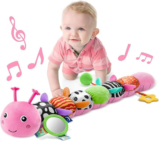 LIGHTDESIRE Baby Toys Musical Caterpillar,Infant Toys Stuffed Animals with Ruler Design,Mirror,Pull String&Ring Bell,Baby Teething Toys for Tummy Time Toy Newborn Gifts 3 6 12 Months(Pink,Leafy Limb)