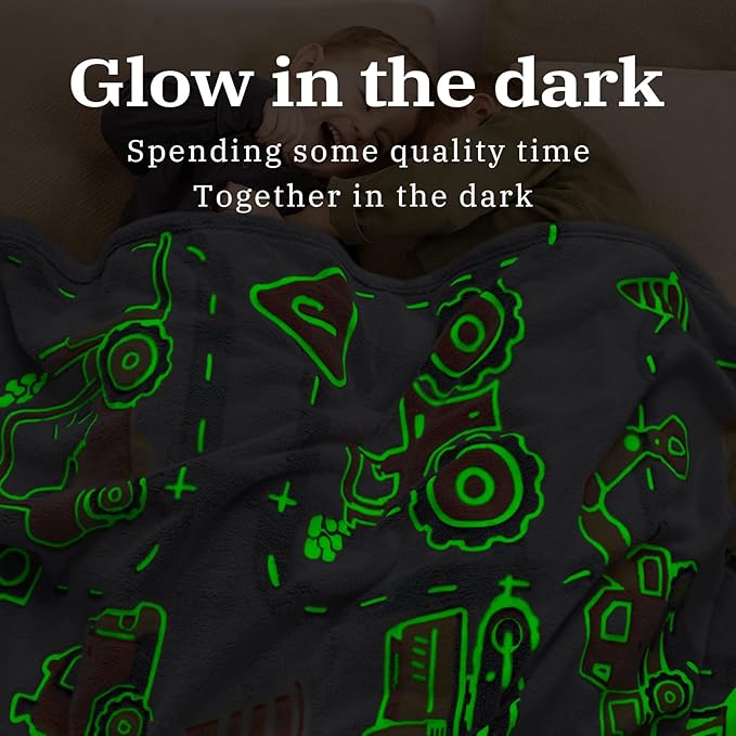 Glow in The Dark Blanket Boys Gifts for Kids Fuzzy Cozy Warm Soft Fleece Glowing Tractor Blankets for Bed Sofa Couch Unique Gifts Construction Truck Throw Blanket for Boys Teens 50"×60"