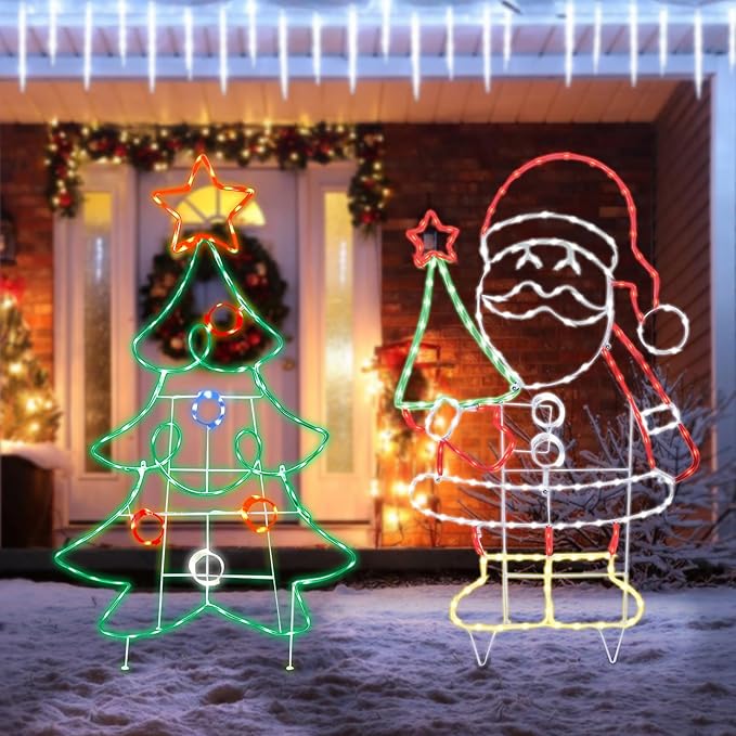 Outdoor Christmas Tree Decoration Christmas Lighted Xmas Tree with Star Neon Rope 126 LED Lights Decoration for Xmas Home Pathway Lawn Party Display