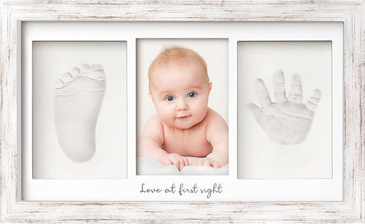 Baby Hand and Footprint Kit - Clay Handprint Keepsake Frame, Newborn Nursery Picture Frame, Personalized New Mom Gifts for Baby Shower & Registry (Vintage White)